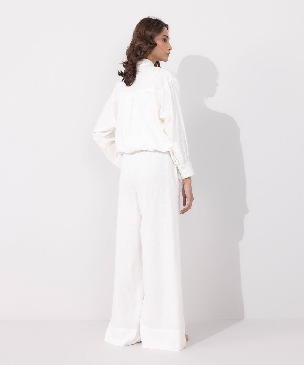 Women's Western Wear White Wide Leg Textured Trousers