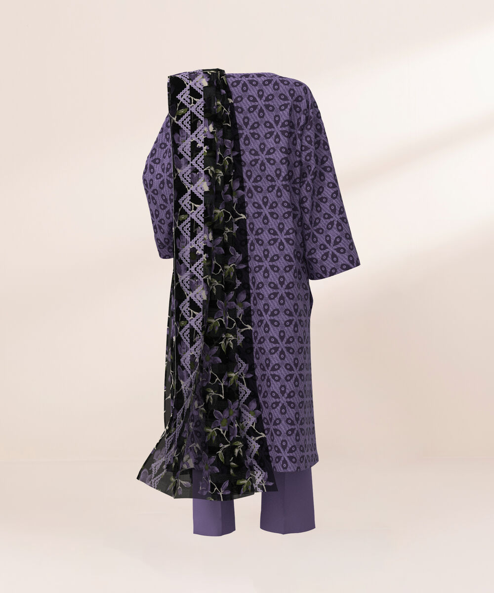 Women's Three Piece Printed Mauve Lawn Suit