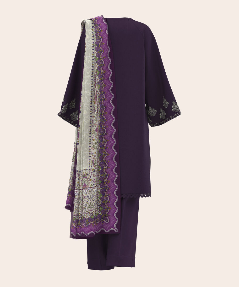 Women's Unstitched Lawn Dark Purple  Embroidered 3 Piece Suit