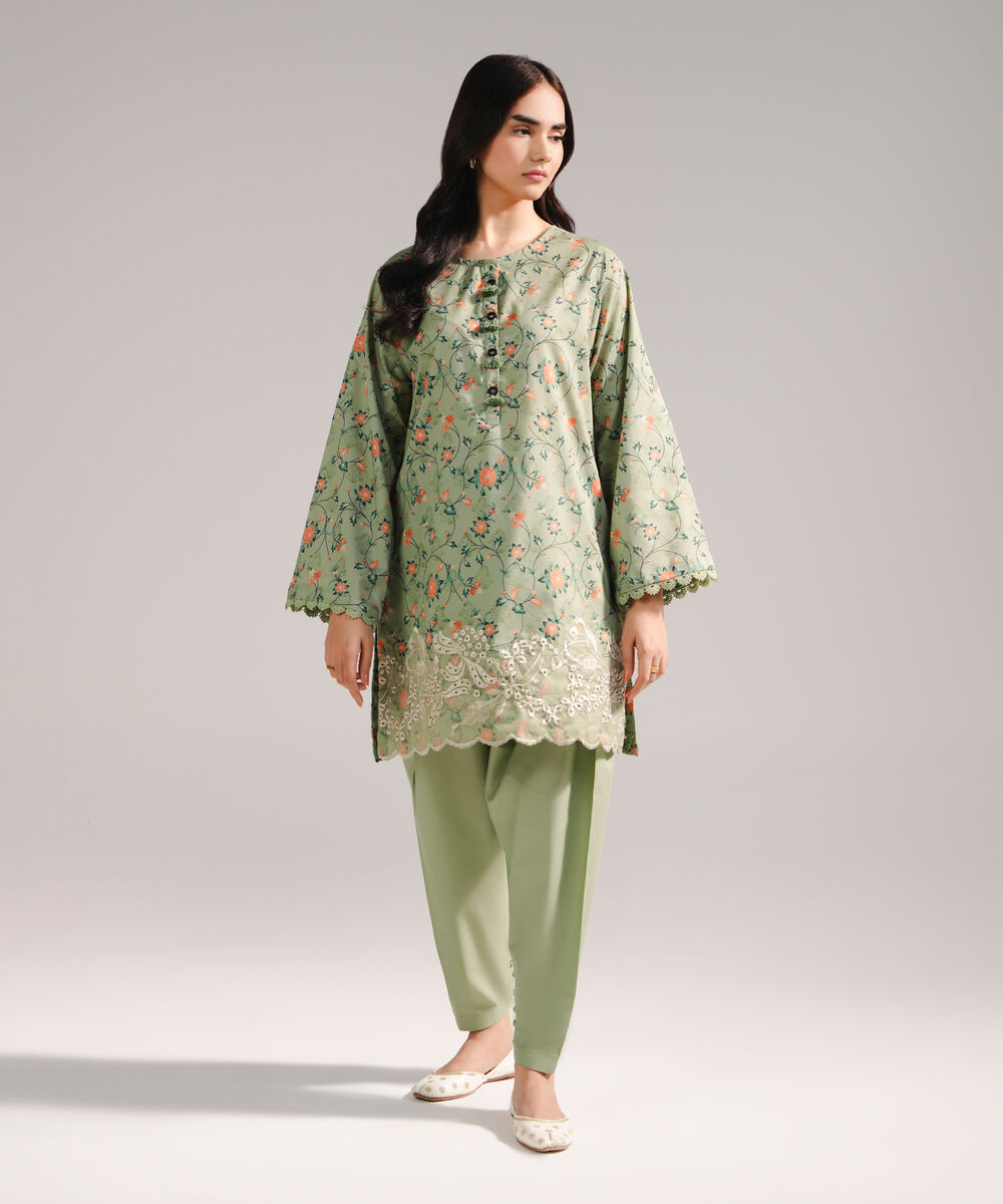 Women's RTW Dobby Embroidered Green 2 Piece Suit
