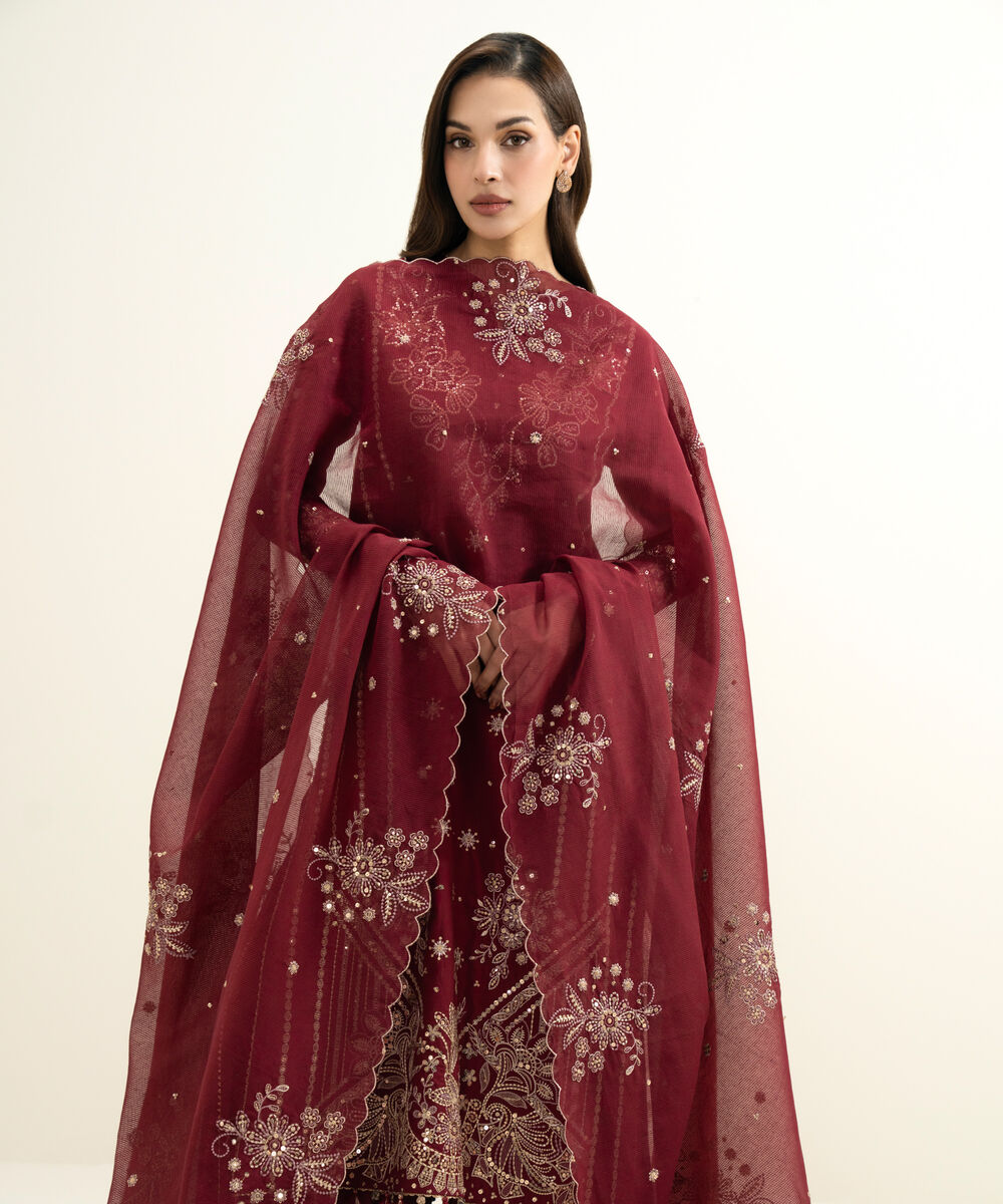 Women's Unstitched Lawn Embroidered Red 3 Piece Suit