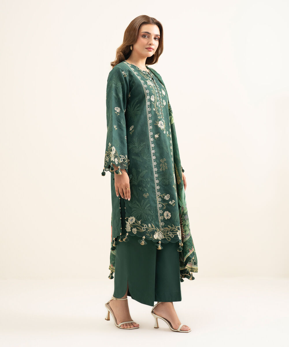 Women's Unstitched Cotton Jacquard Embroidered Green 3 Piece Suit
