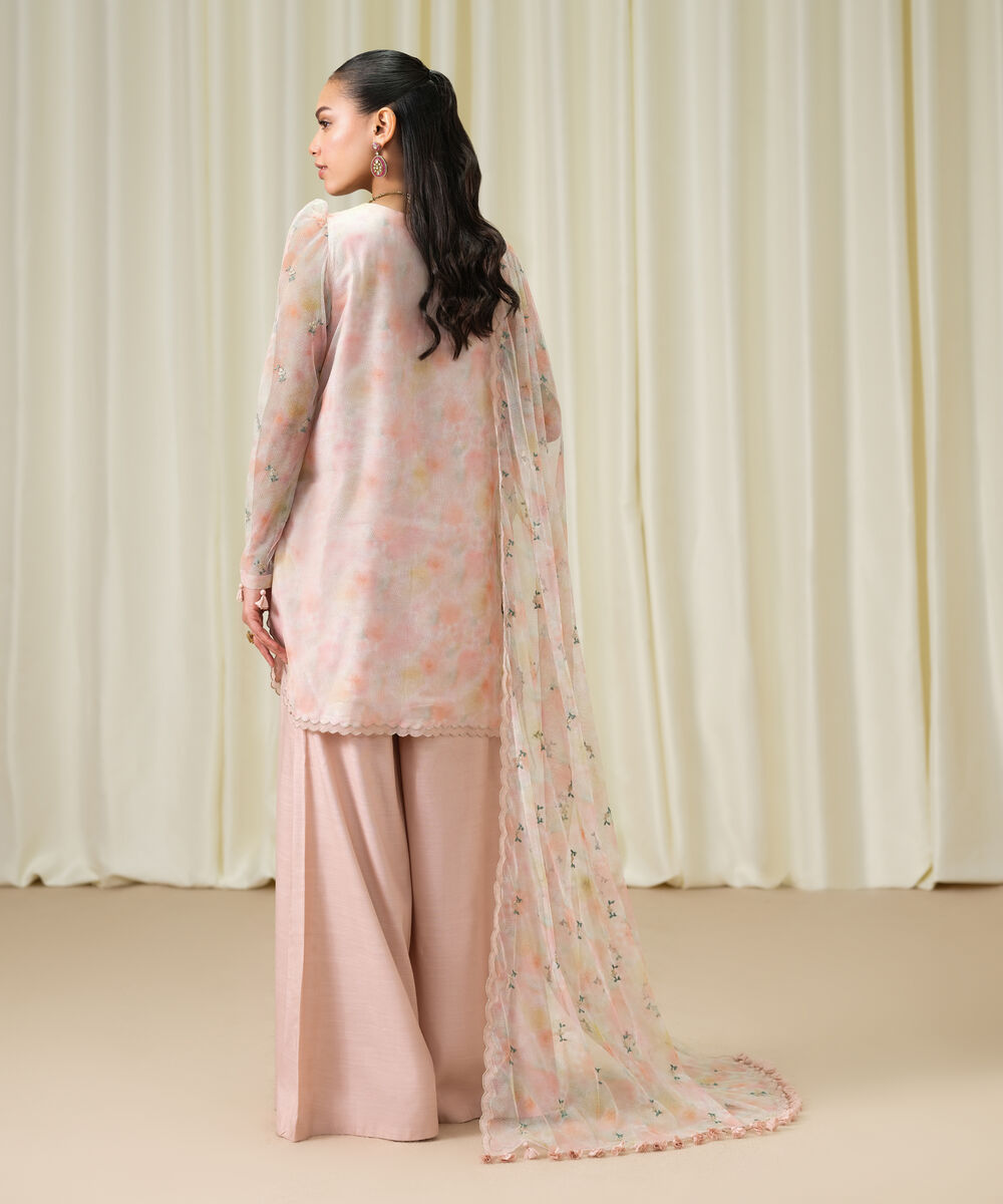 Women's Unstitched Blended Net Embroidered Pink 3 Piece Suit