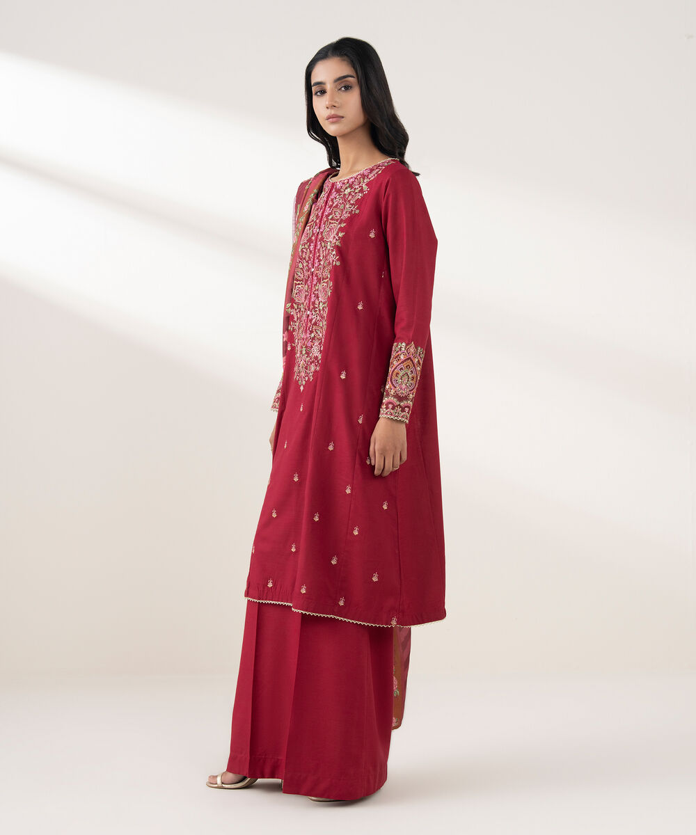 Women's RTW Cotton Viscose Embroidered Red 3 Piece Suit