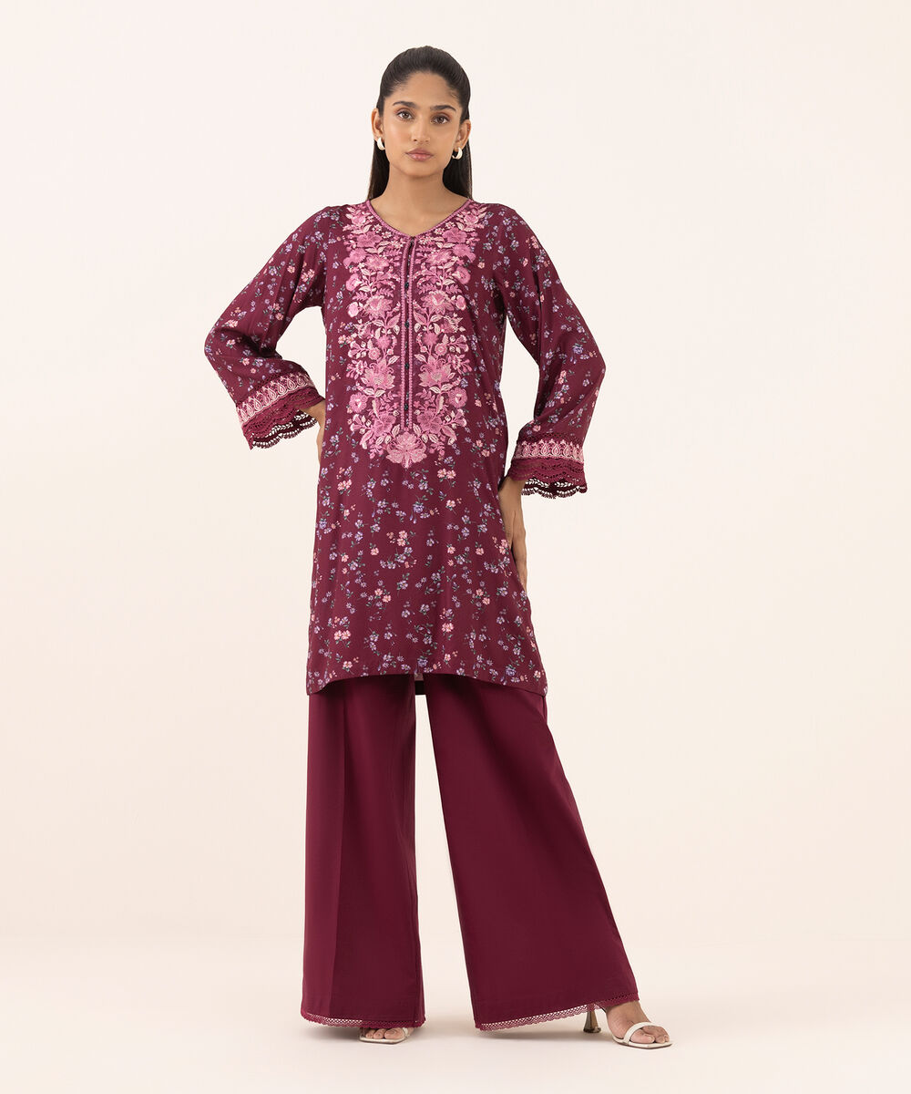 Women's RTW Arabic Lawn Purple Embroidered A-Line Shirt