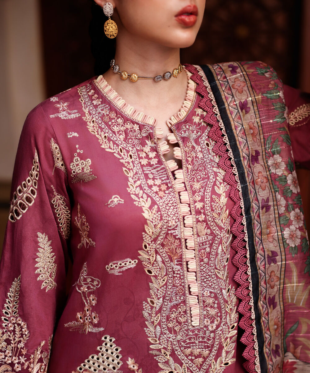 Women's RTW Self Jacquard Embroidered Muted Mauve 3 Piece Suit