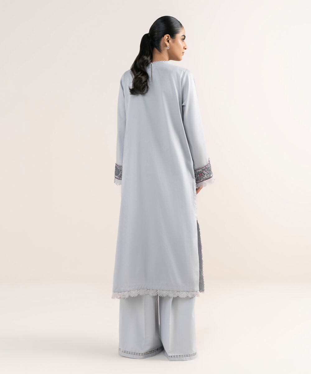 Women's RTW Cotton Satin Lilac Embroidered A-Line Shirt