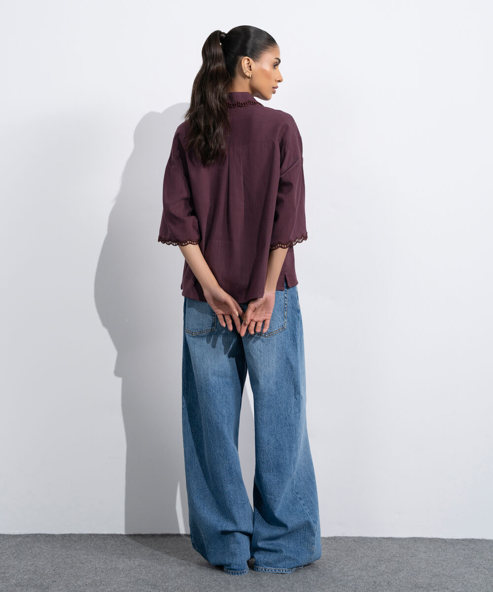 Women's Western Maroon Regular-Fit Shirt With Lace Trims