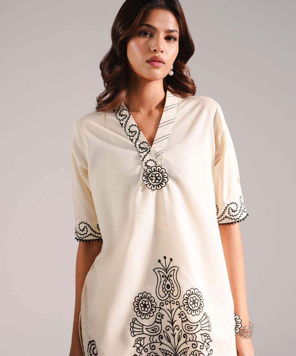Women's RTW Slub Lawn Embroidered Off White Straight Shirt
