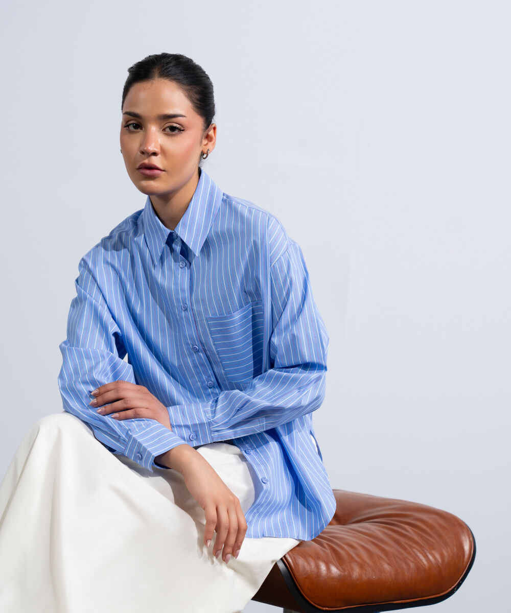 Women's Western Blue Yarn-Dyed Button Through Shirt