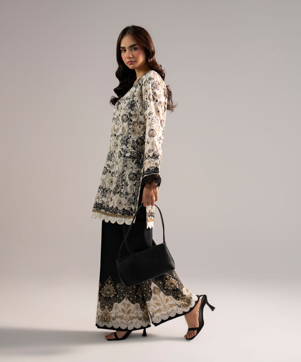 Women's RTW Lawn Embroidered Off White Straight Shirt