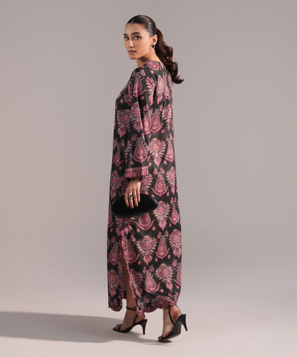 Women's RTW Blended Grip Silk Printed Black A-Line Shirt