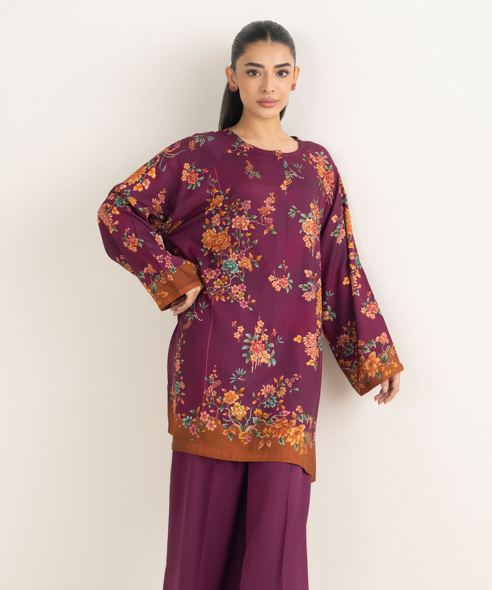 Women's RTW Linen Printed Purple 2 Piece Suit