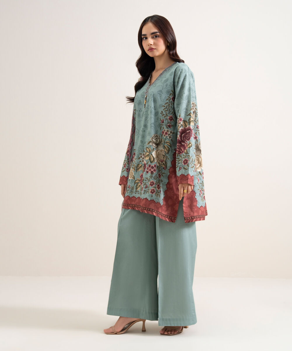 Women's Unstitched Cotton Printed Blue  3 Piece Suit