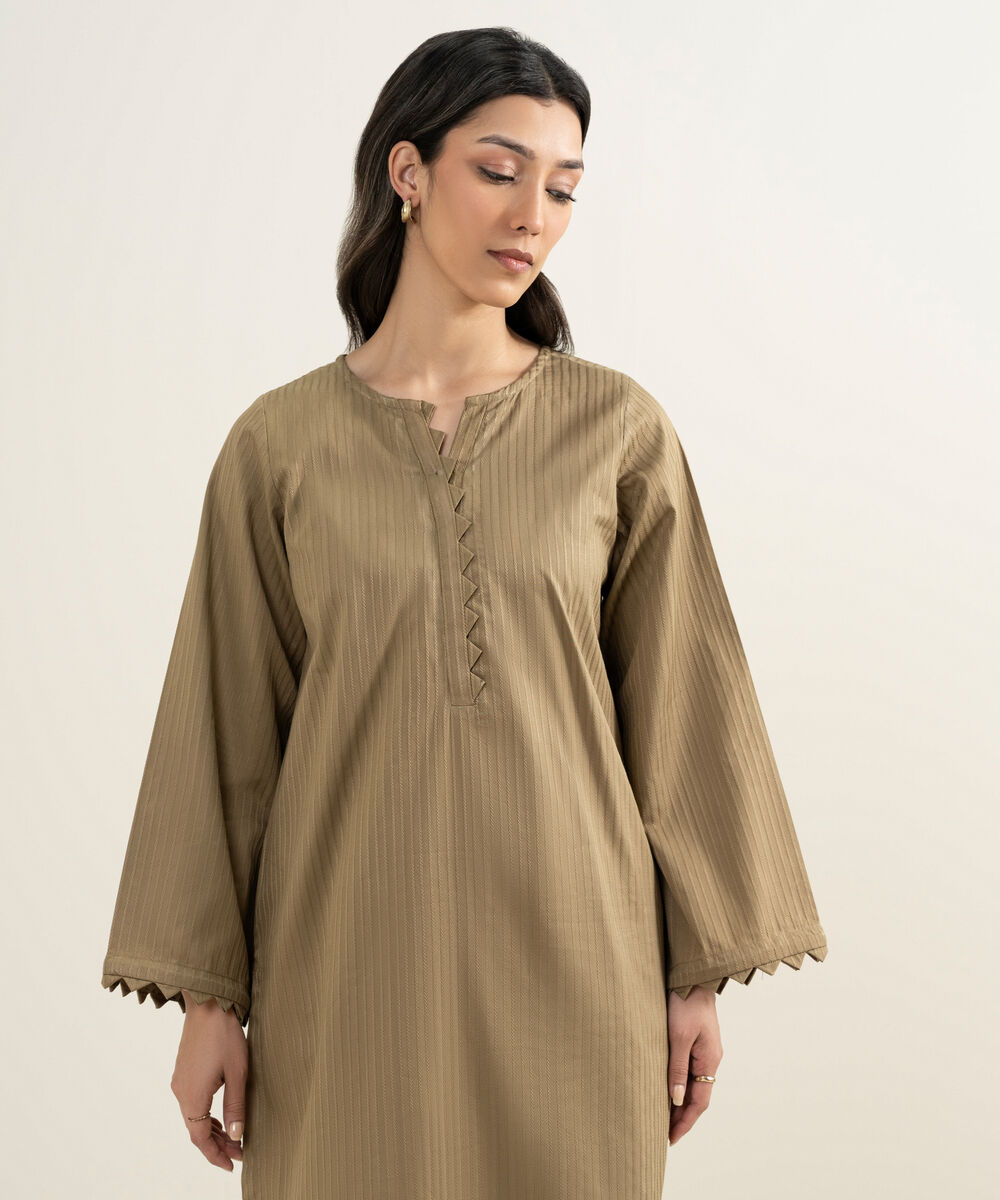 Women's RTW Dobby Solid Beige Straight Shirt