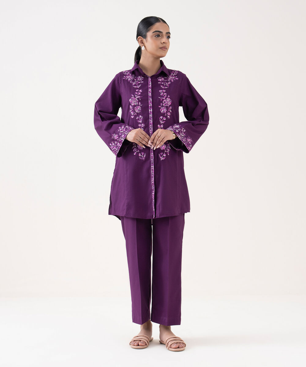 Women's RTW Textured Lawn Purple Embroidered Boxy Shirt