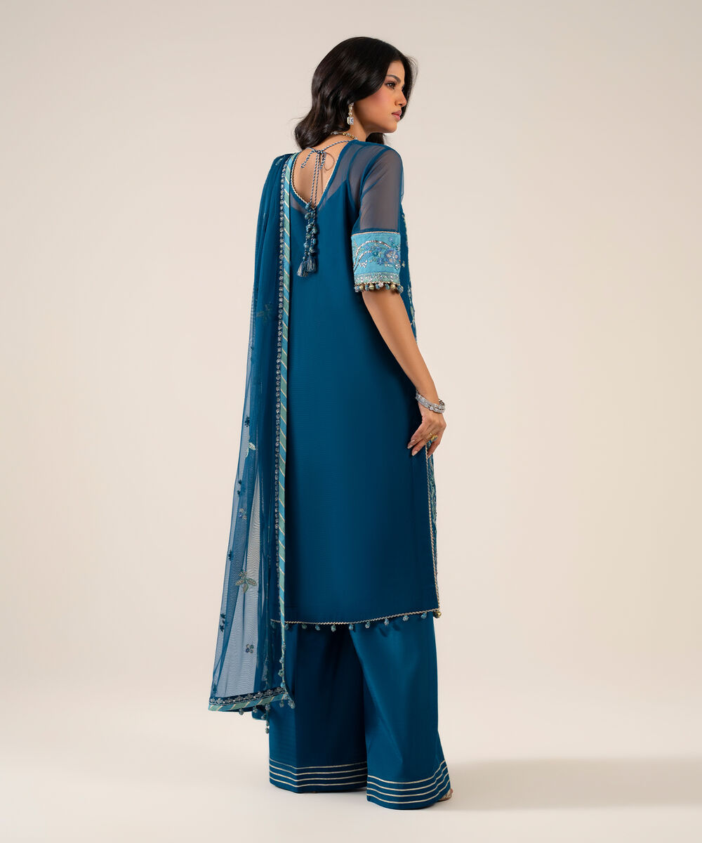 Women's Unstitched Net Embroidered Teal Green 3 Piece Suit