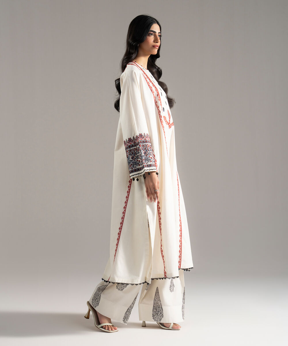 Women's RTW Solid Embroidered Cambric Off White A-Line Shirt