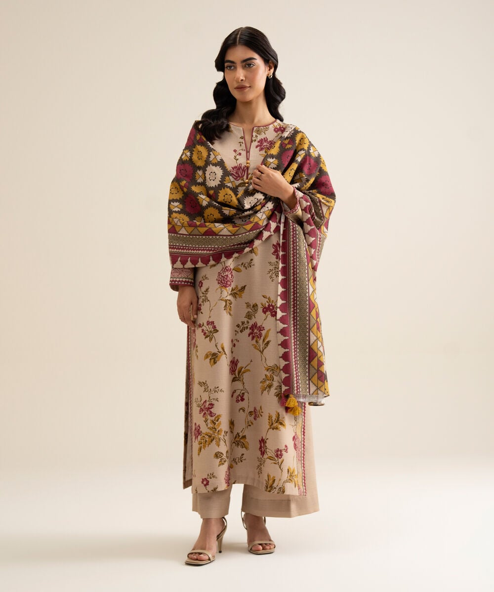 Women's Unstitched Premium Khaddar Printed Beige 3 Piece Suit