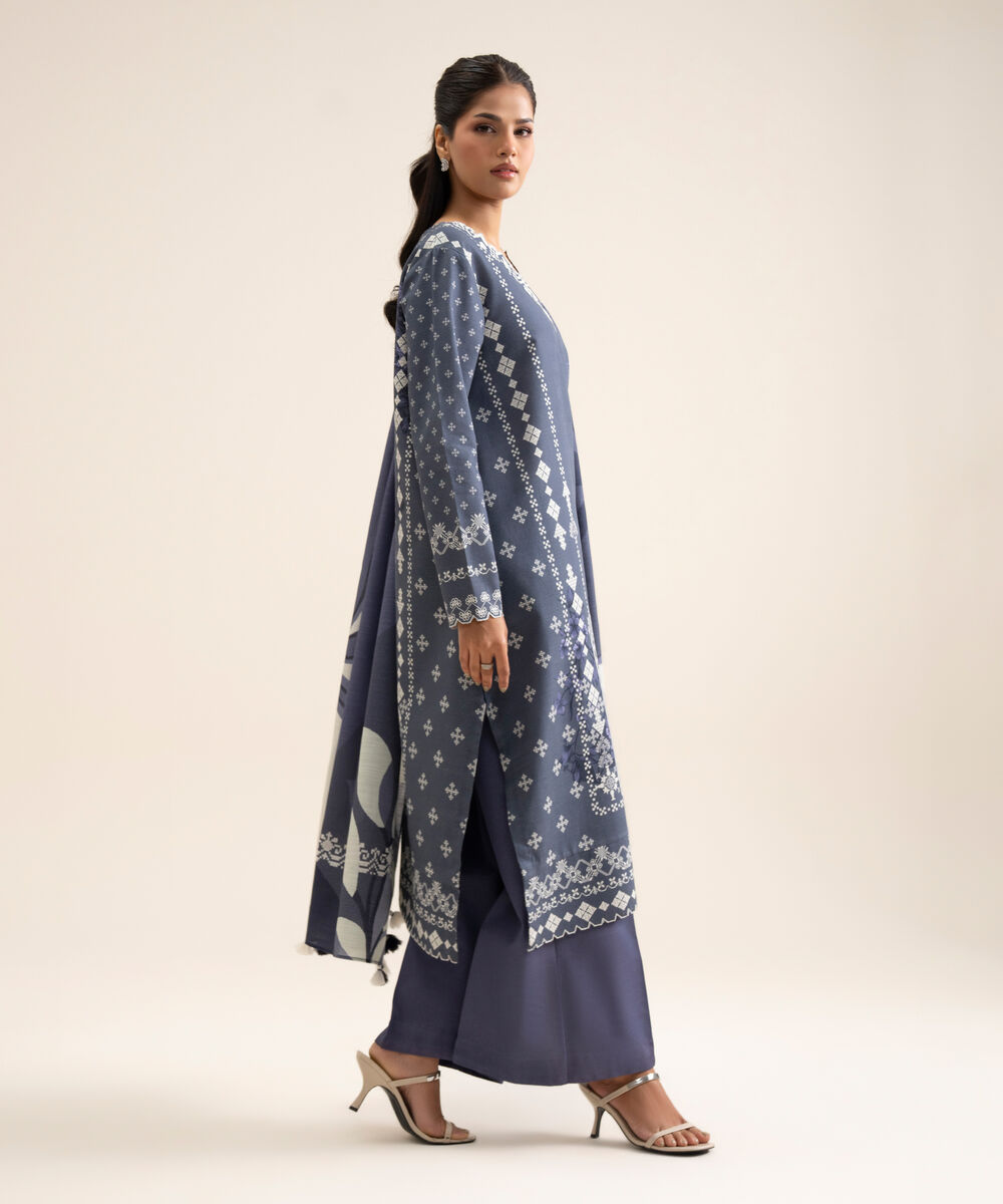 Women's Unstitched Light Khaddar Printed Blue 3 Piece Suit