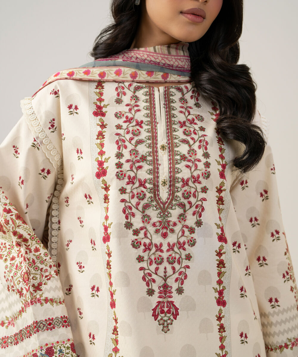 Women's Unstitched Bemberg Tissue Printed Ivory 3 Piece Suit