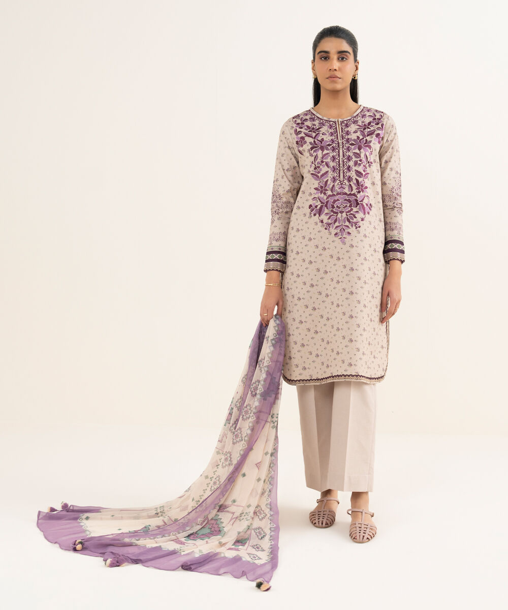 Women's Unstitched Cotton Embroidered Pink 3 Piece Suit