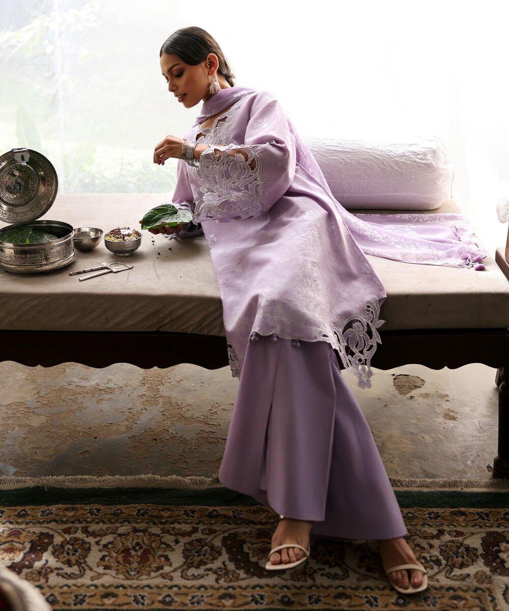 Women's Unstitched Extra Weft Jacquard Embroidered Purple 3 Piece Suit