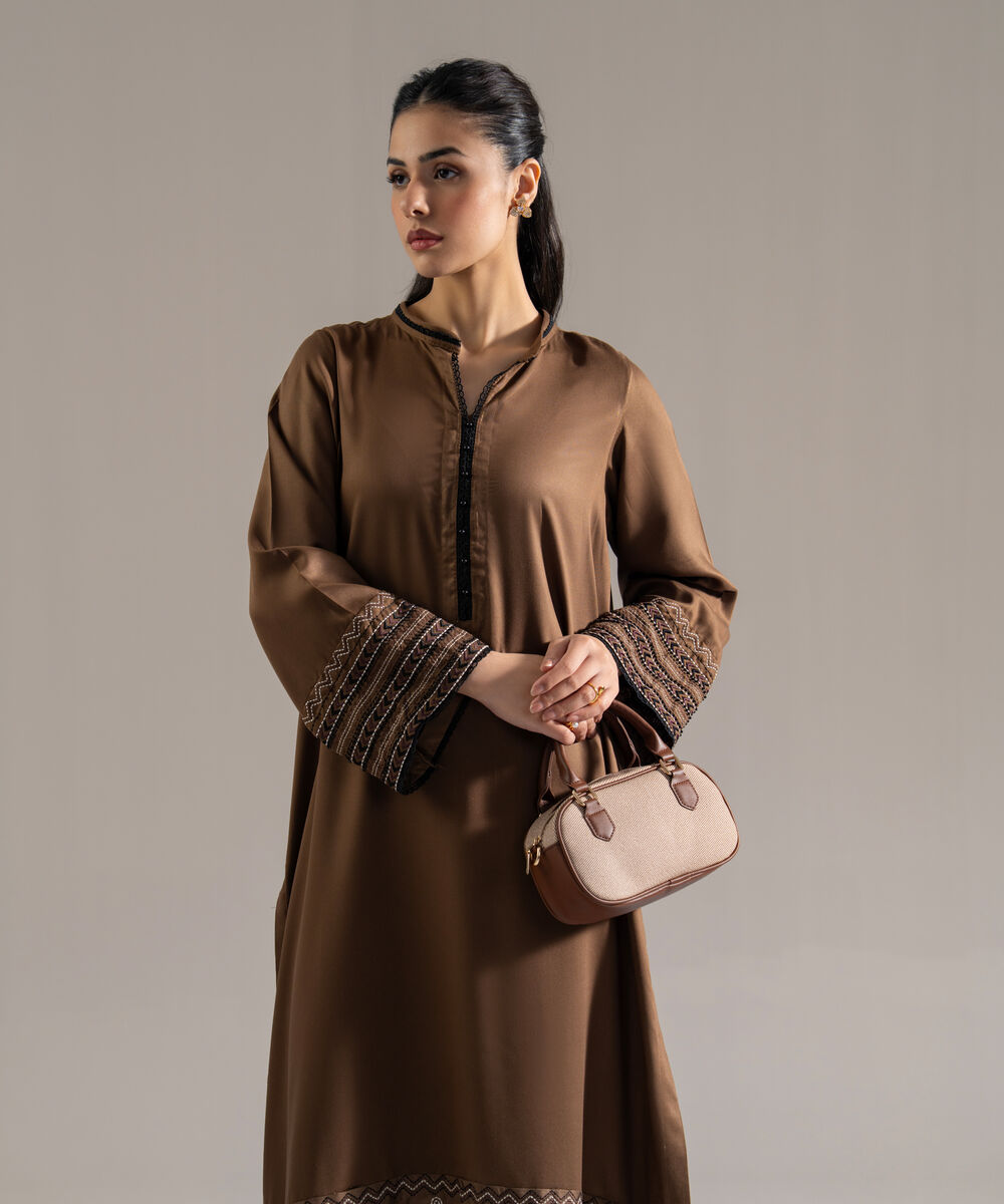 Women's RTW Bedford Solid Embroidered Brown Straight Shirt