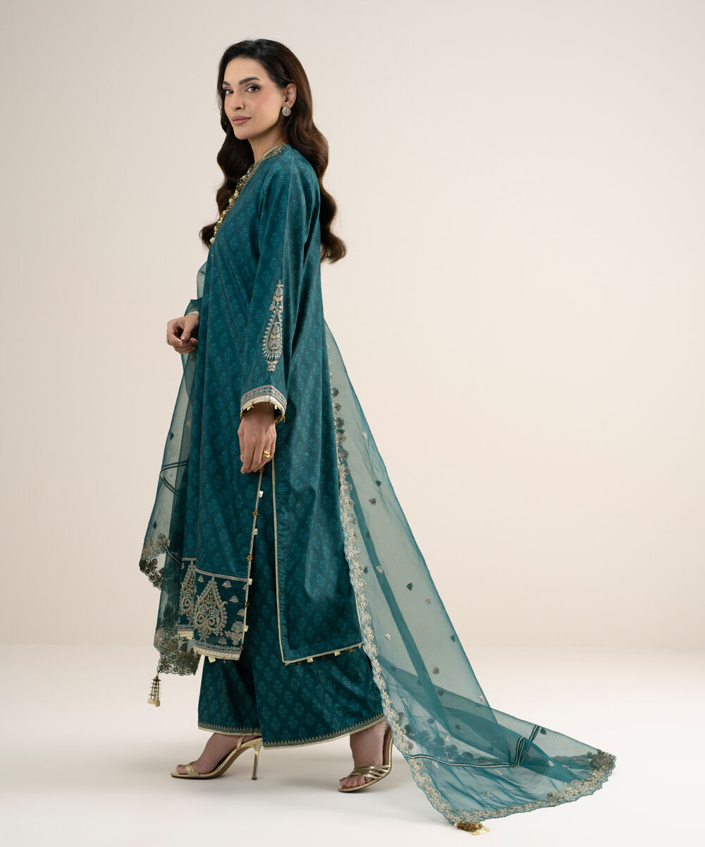 Women's Unstitched Printed Blended Grip Silk Green 3 Piece Suit