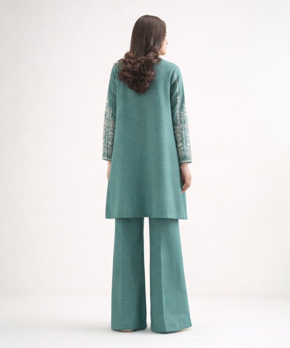 Women's Unstitched Linen Sea green 3 Piece Suit