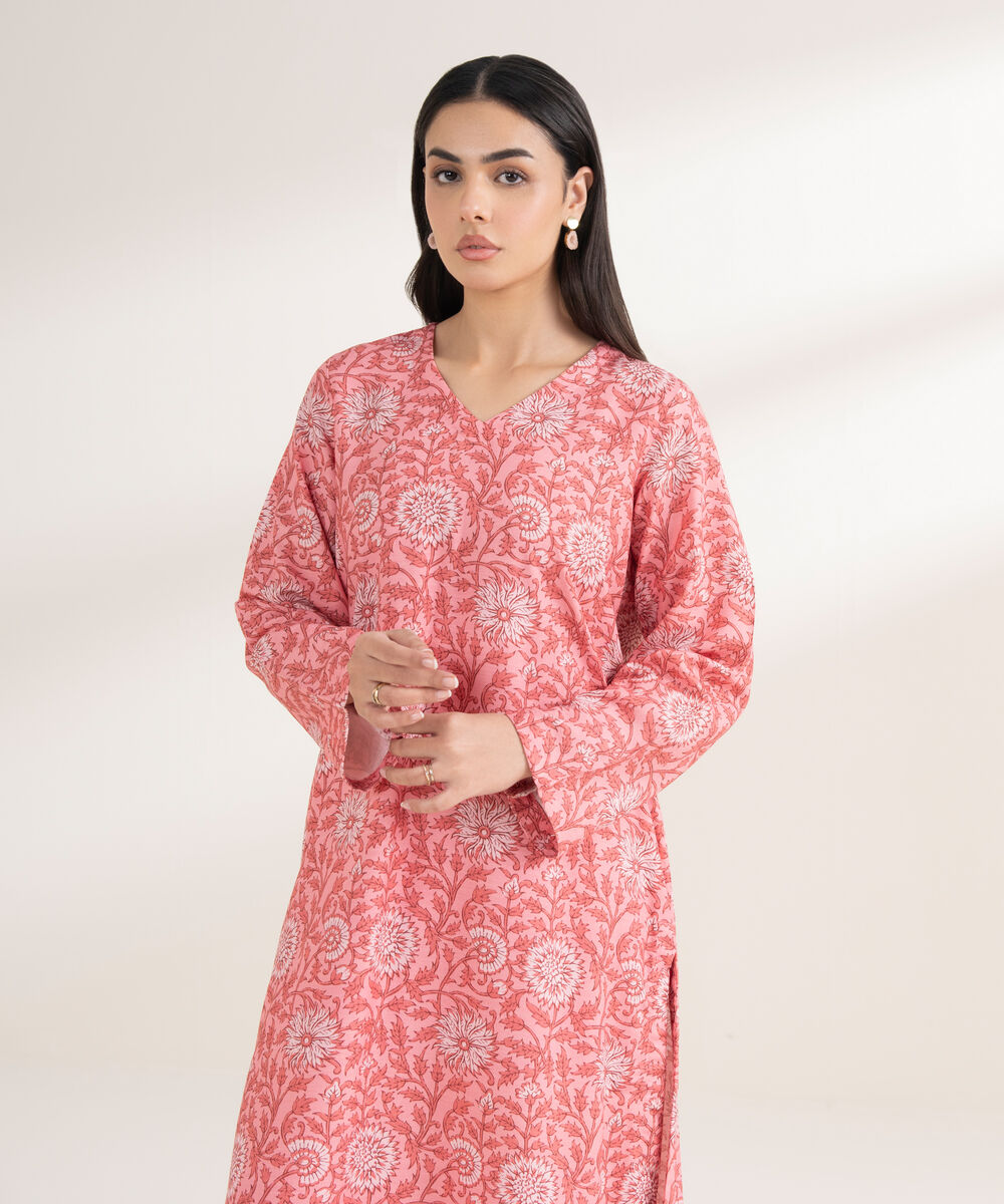 Women's RTW Arabic Khaddar Printed Straight Pink Shirt