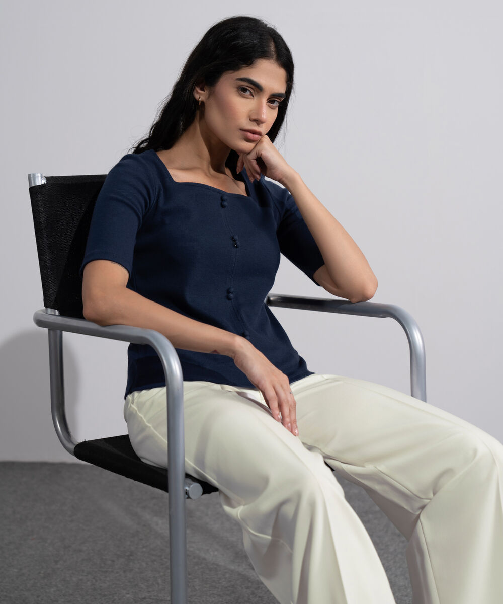 Women's Blue Square Neck Ribbed Top