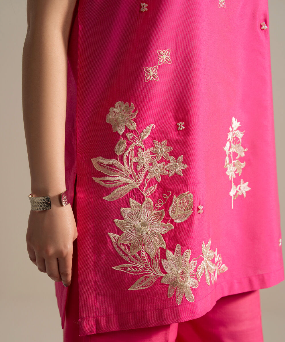 Women's RTW Silk Cotton Net Embroidered Pink 2 Piece Suit