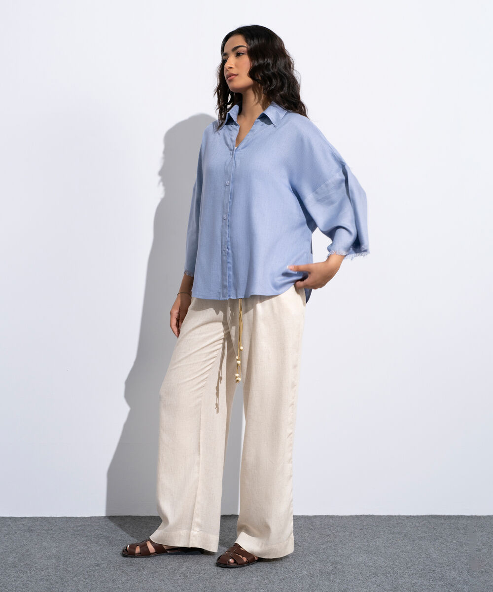 Women's Light Blue Linen Blend V-Neck Top