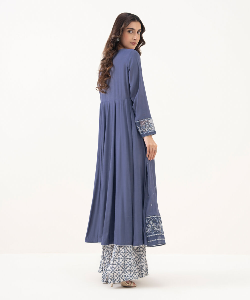 Women's RTW Viscose Raw Silk Embroidered A-Line Blue Shirt