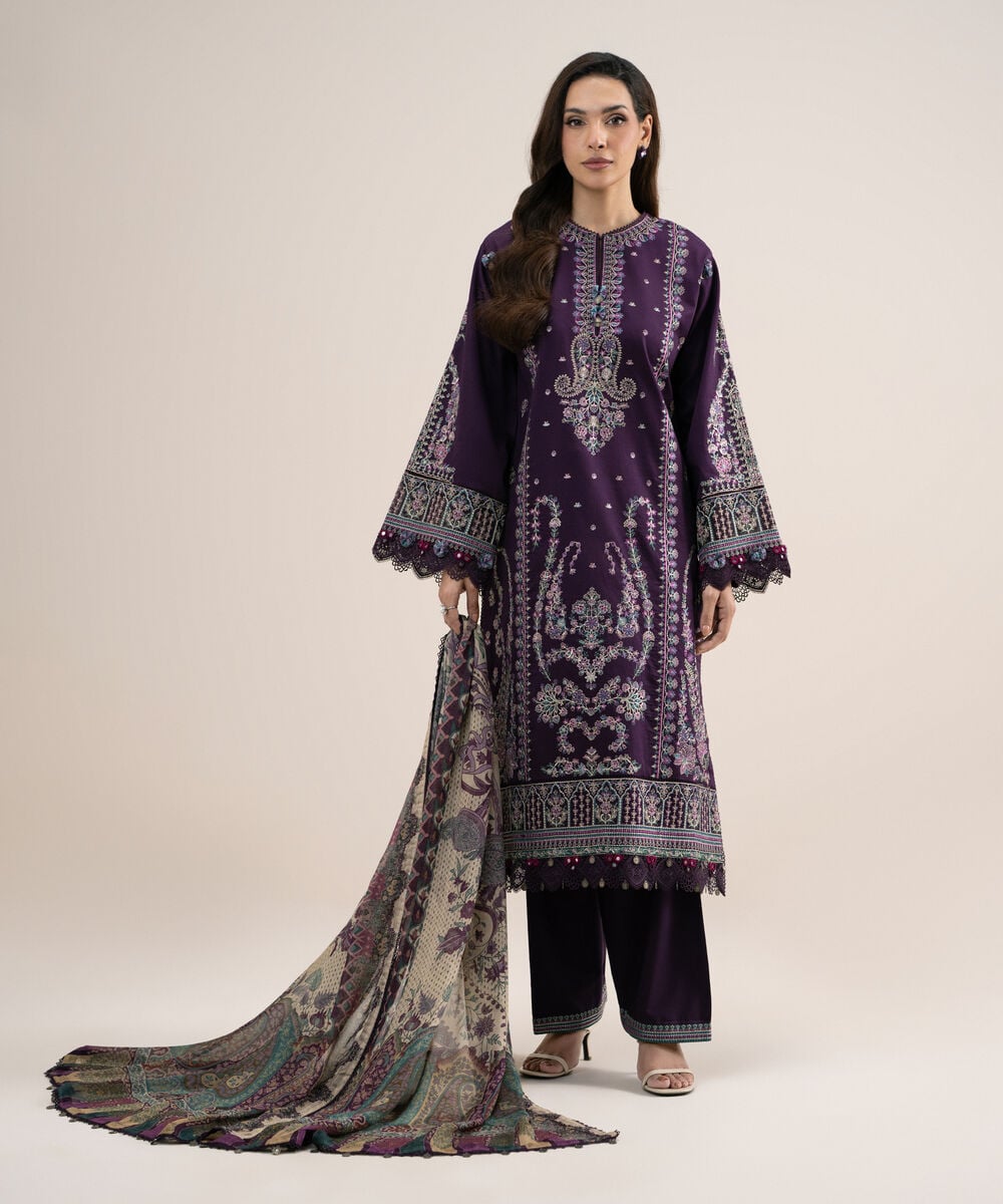 3 Piece - Embroidered Cotton Satin Suit