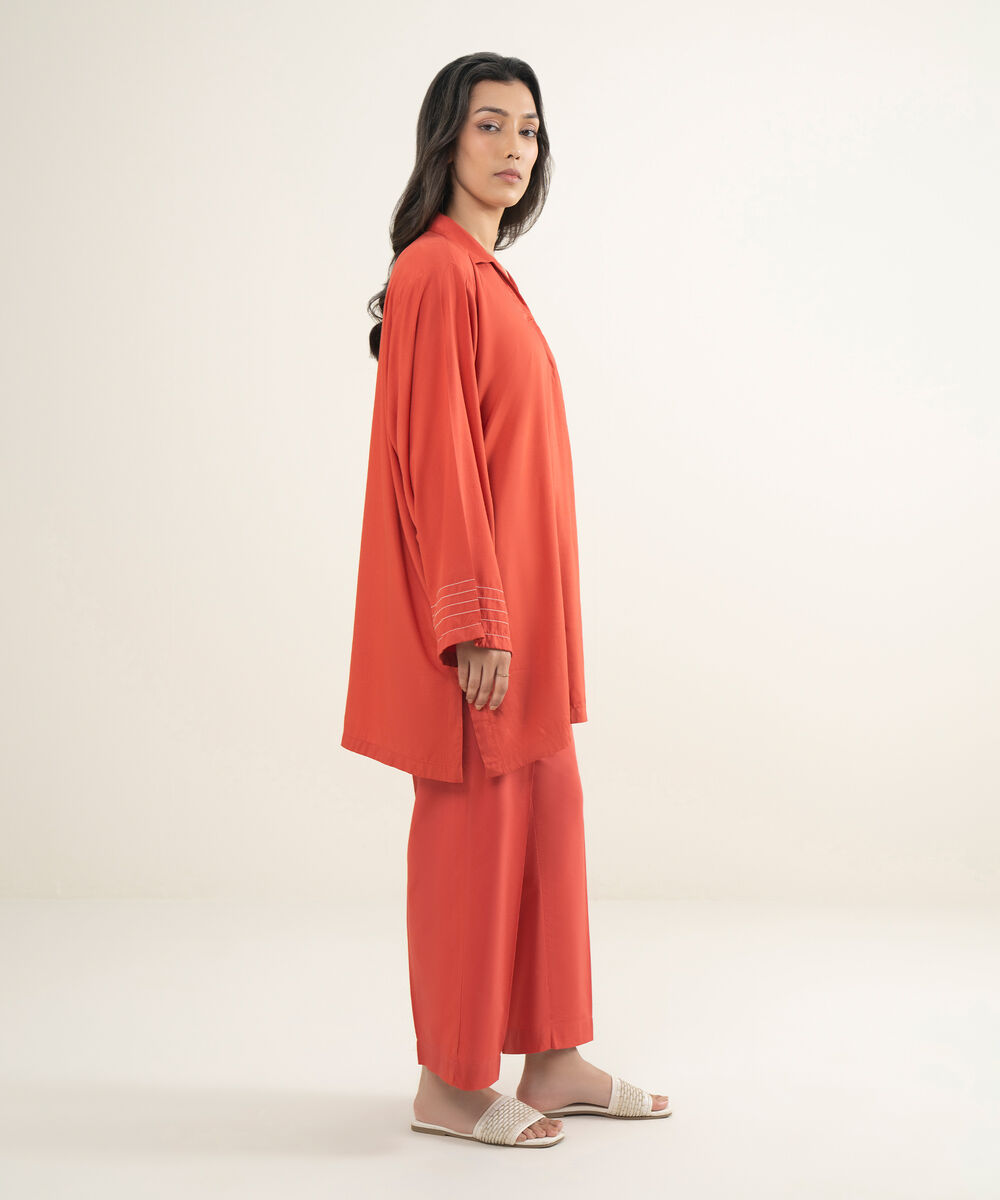 Women's RTW Arabic Lawn Solid Orange Straight Shirt