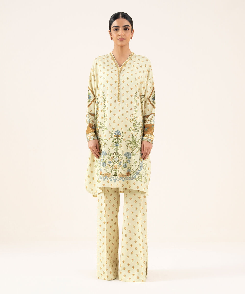 Women's Unstitched Viscose Khaddar Printed Beige 2 Piece Suit