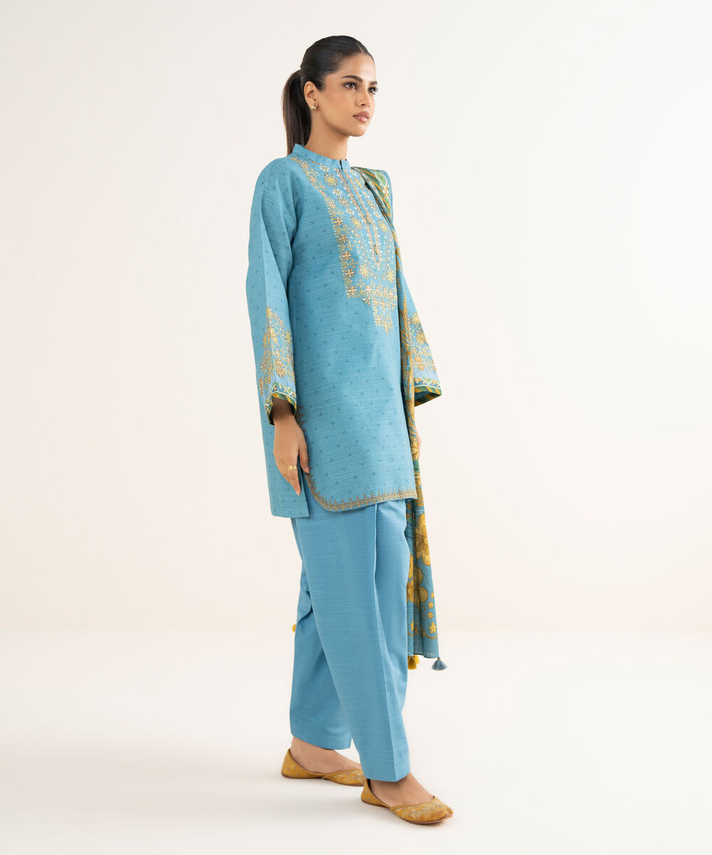 Women's Unstitched Khaddar Embroidered Blue 3 Piece Suit