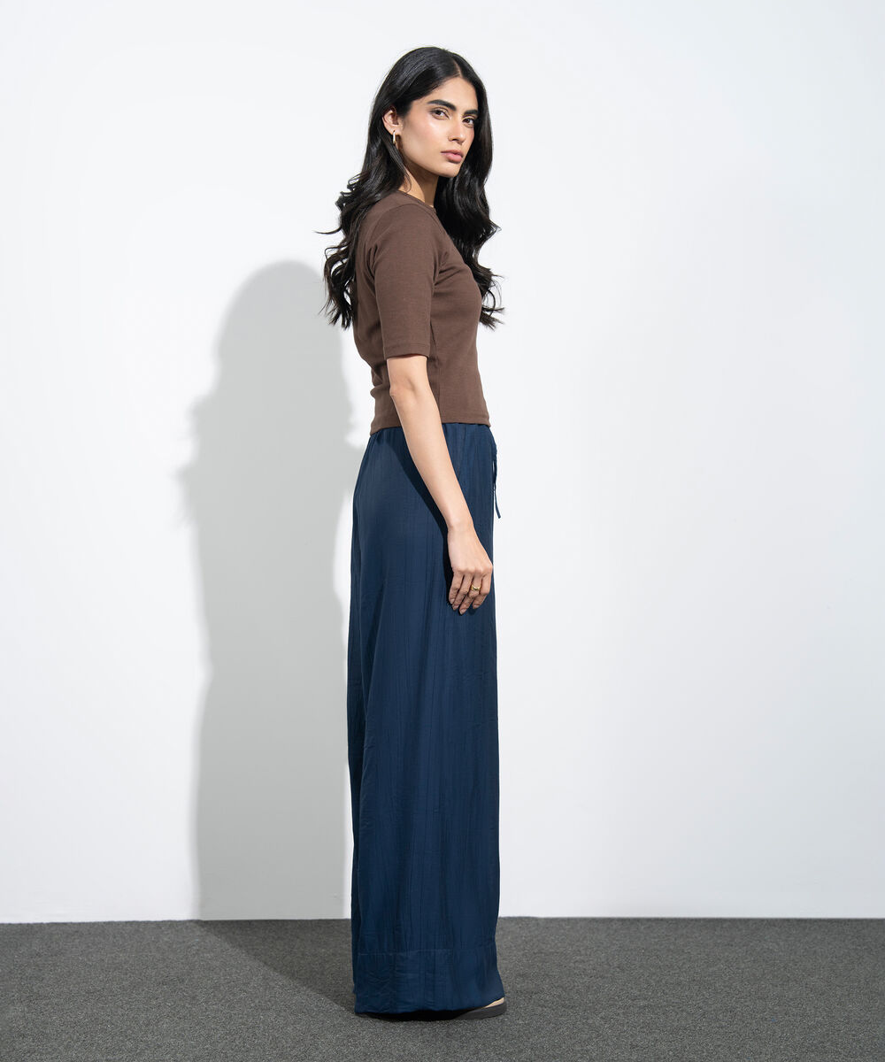 Women's Western Navy Wide-Leg Textured Trousers