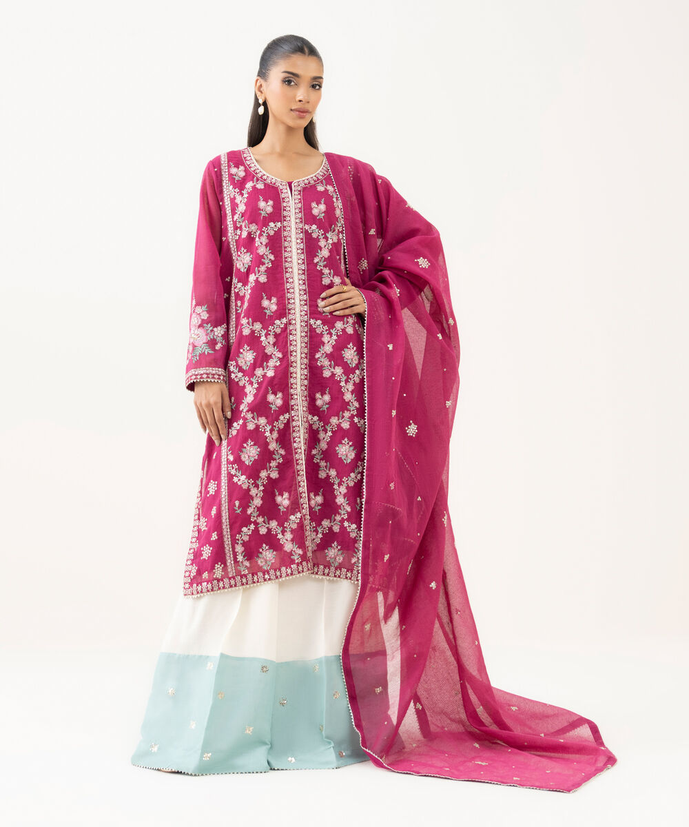 Women's RTW Blended Textured Karandi Embroidered Pink Three Piece Suit