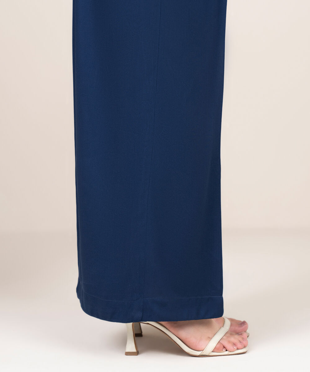 Women's RTW Viscose Linen Solid Blue Flared Pants