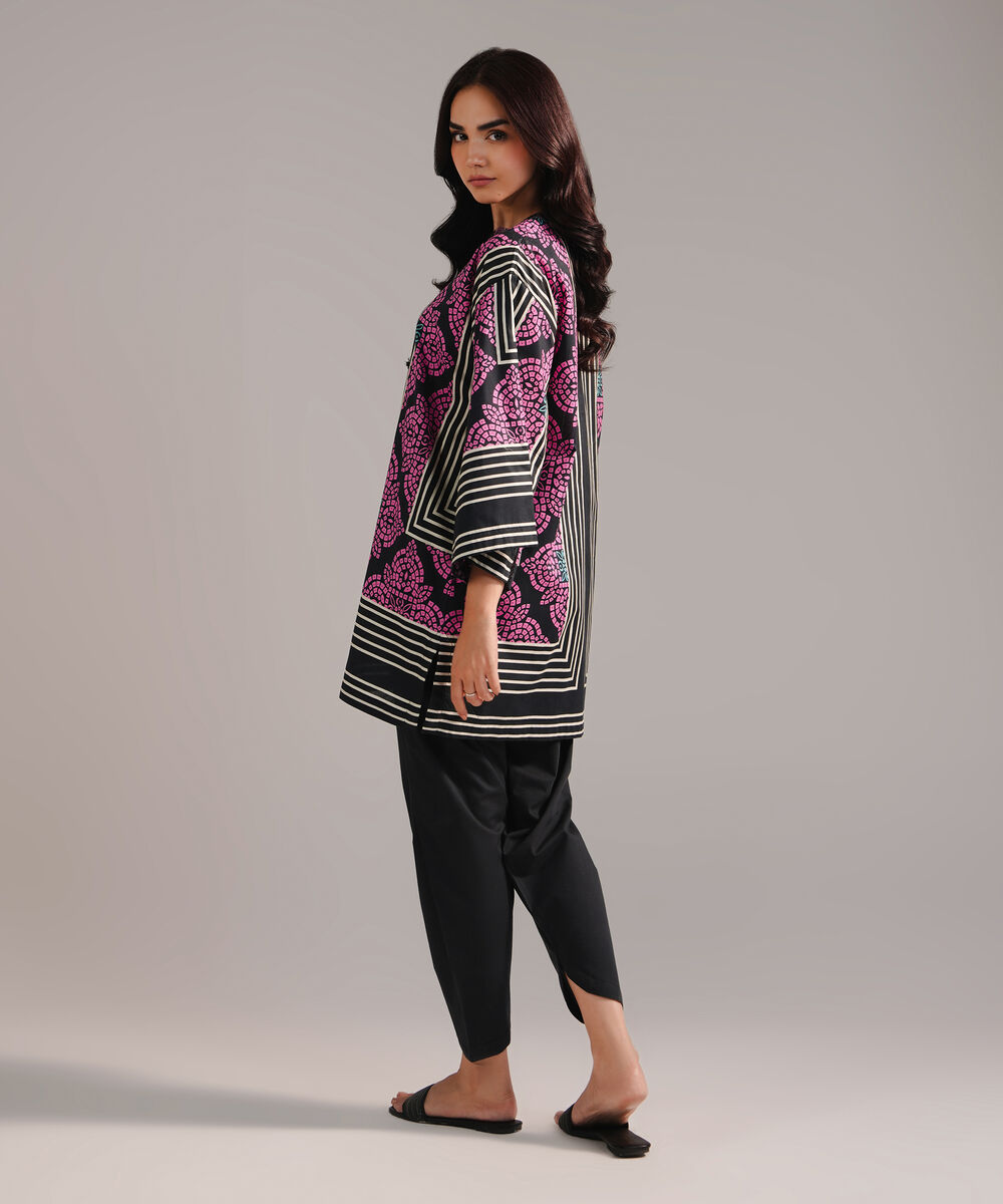 Women's RTW Cambric Printed Black Drop Shoulder Shirt