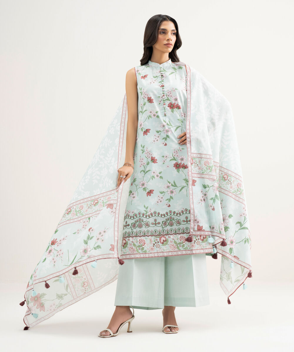 Women's Unstitched Zari Lawn Embroidered Blue 3 Piece Suit