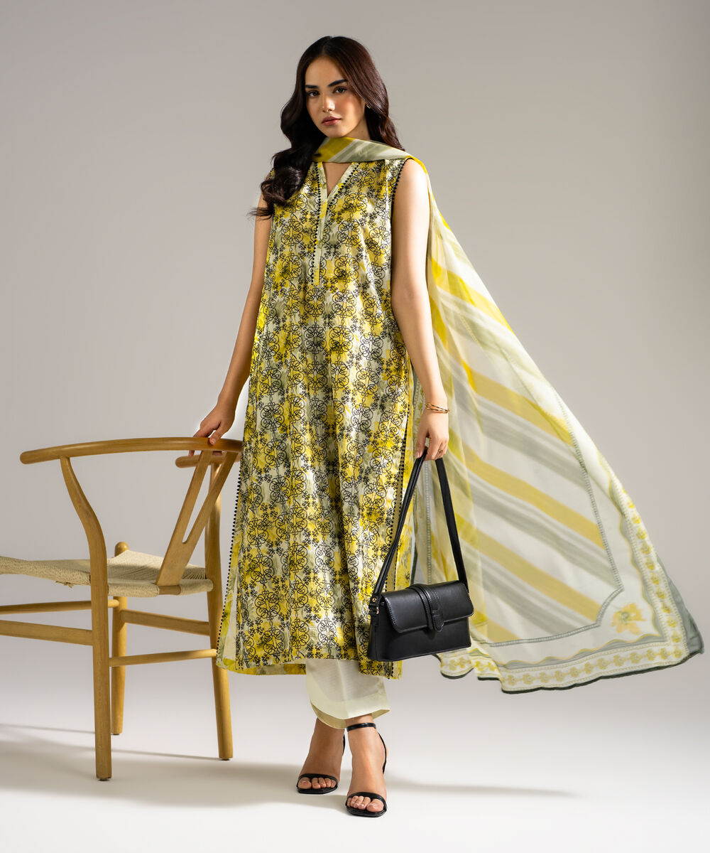 Women's RTW Dobby Embroidered Yellow 3 Piece Suit