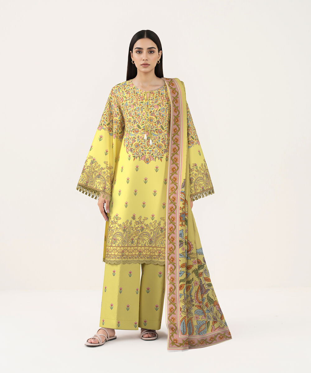 Women's Unstitched Lawn Yellow Embroidered 3 Piece Suit