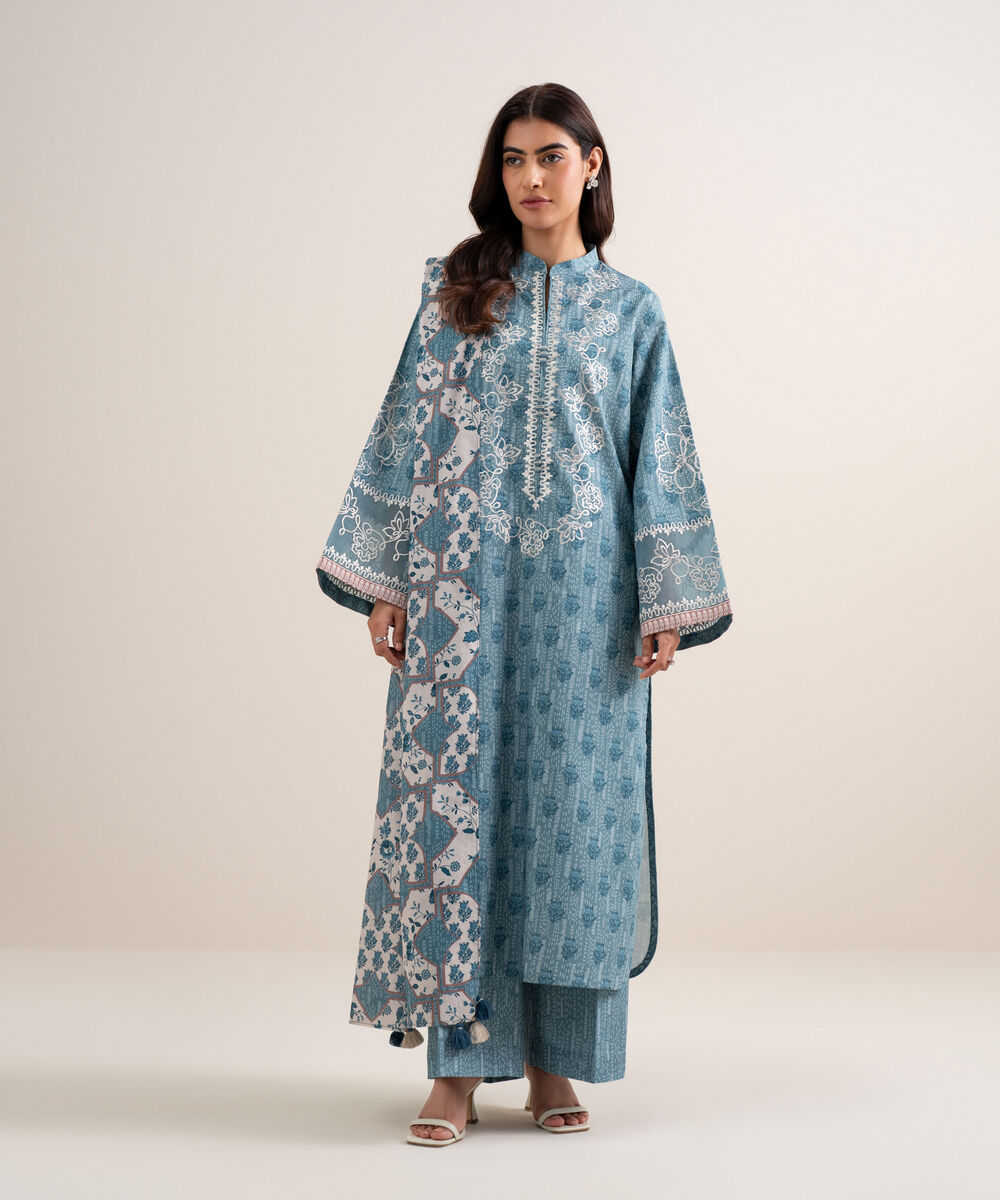 Women's Unstitched Lawn Embroidered Ice Blue 3 Piece Suit
