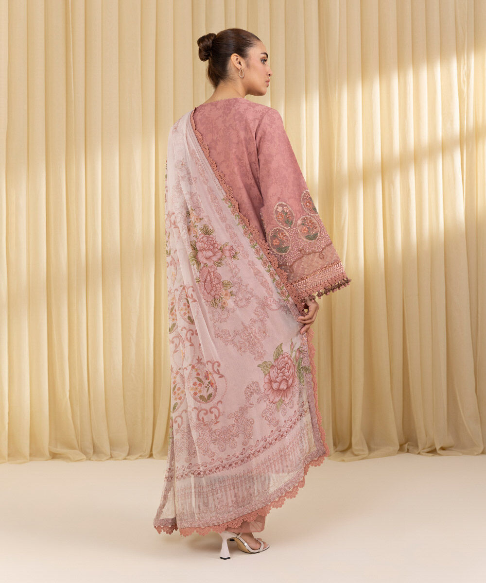 Unstitched Women's Pink Jacquard Embroidered 3 Piece Suit