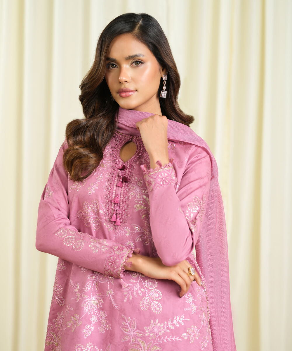 Women's Unstitched Cotton Jacquard Embroidered Pink 3 Piece Suit