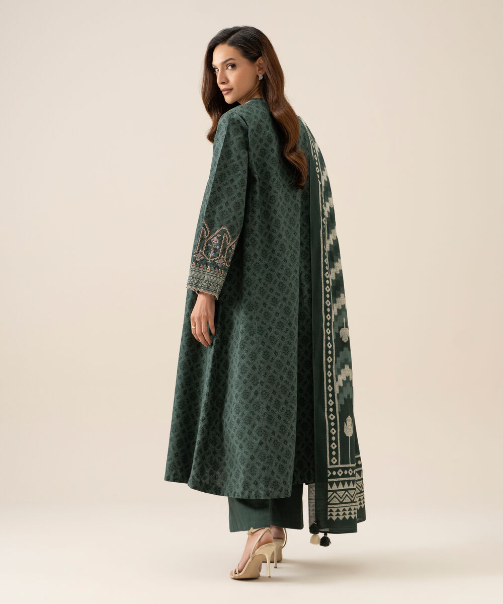 Women's Unstitched Light Khaddar Embroidered Green 3 Piece Suit